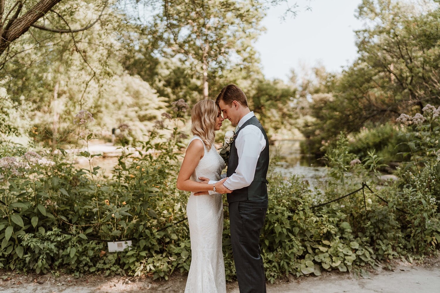 Bride and groom share intimate moment during their Chicago elopement