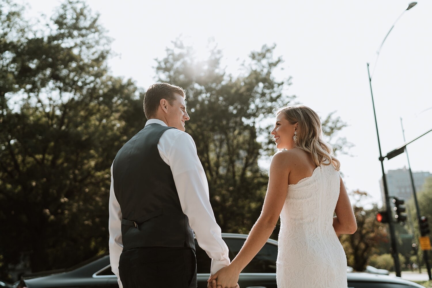 Newly weds exiting their intimate Chicago elopement