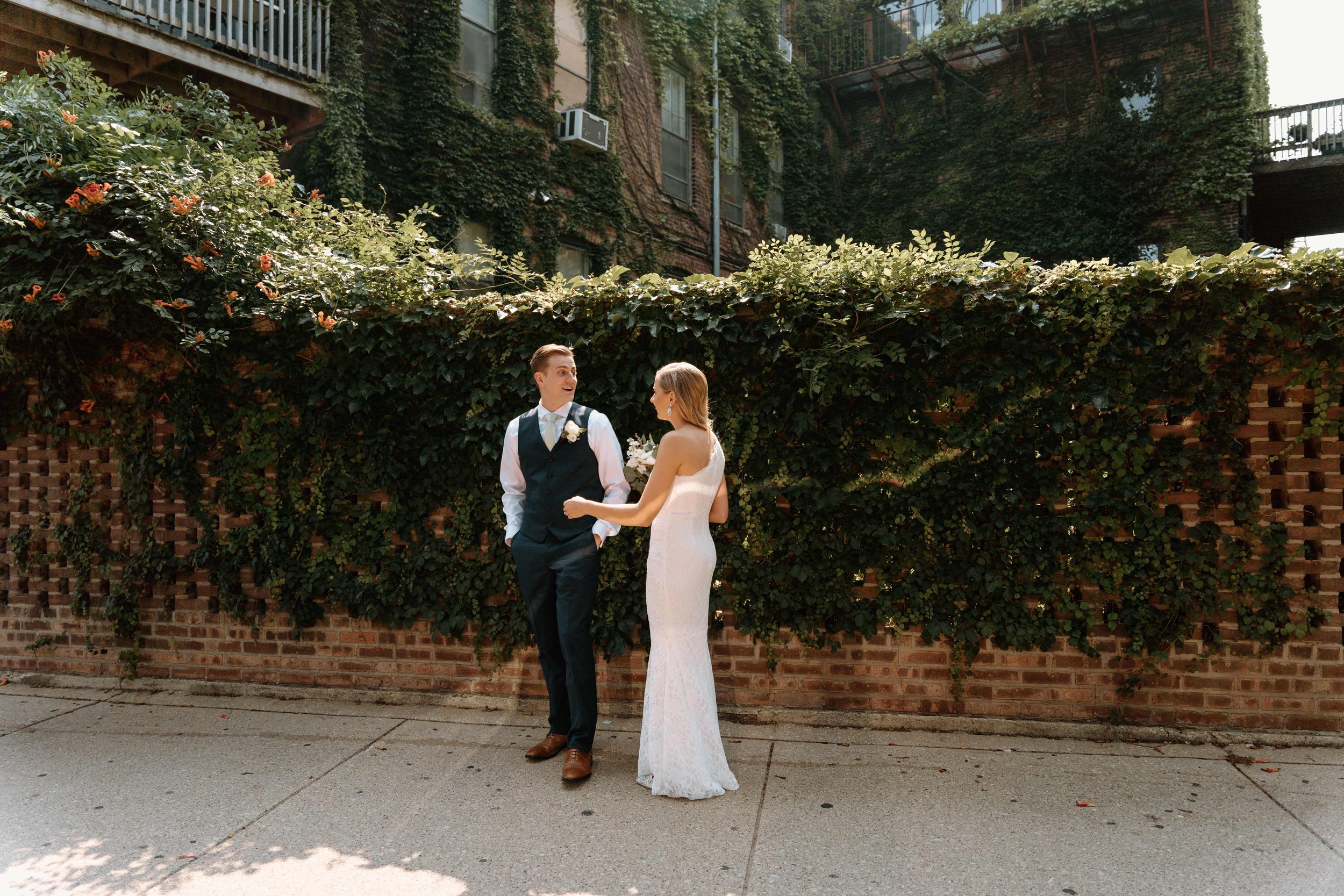 Bride and groom see each other for the first time on their wedding day