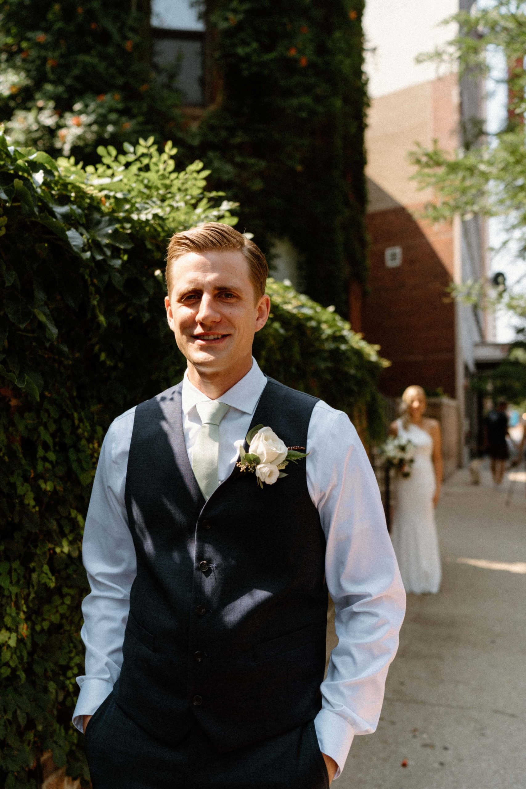 Groom waits for his bride before their wedding day in Chicago