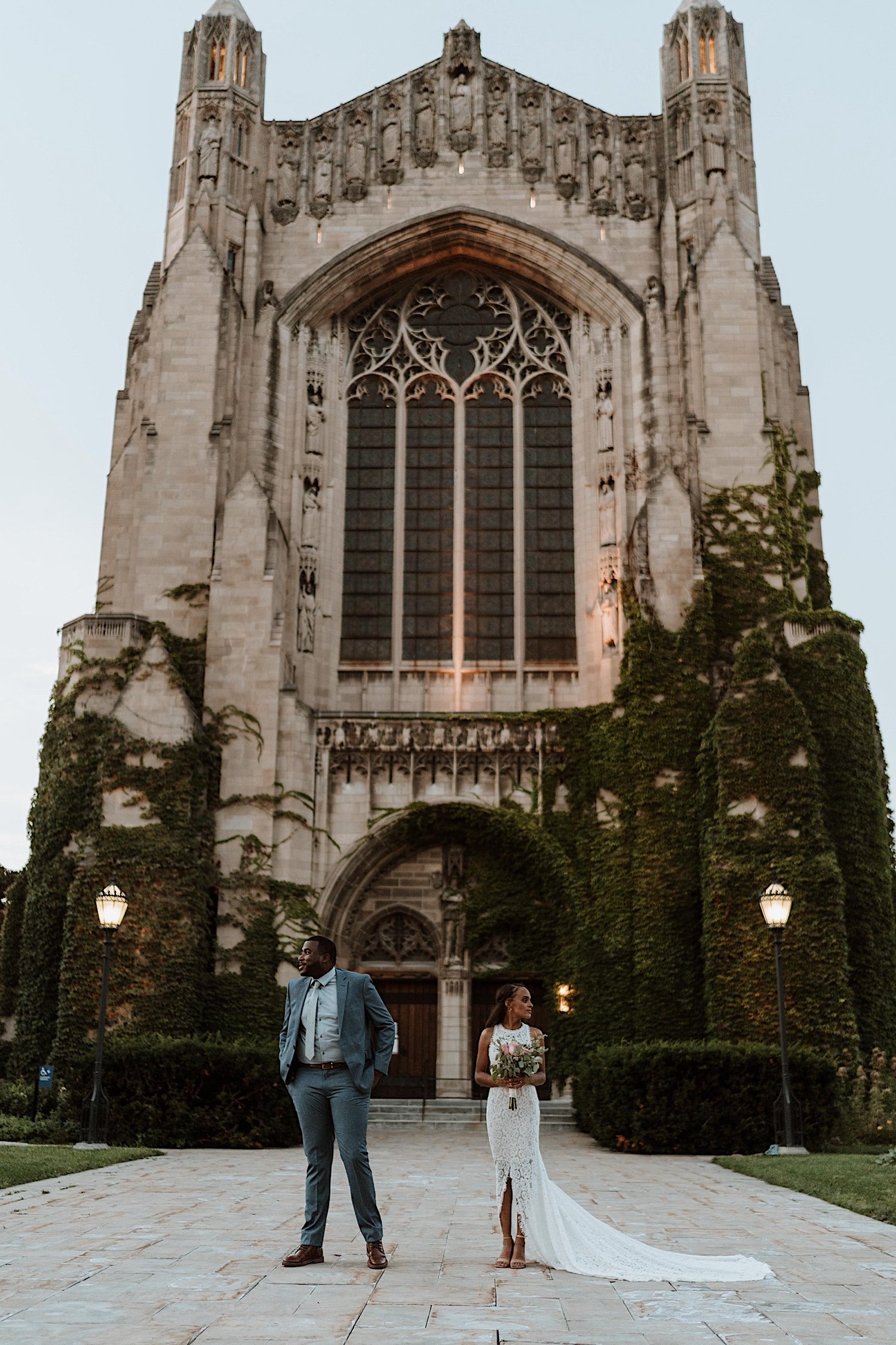 Bride and groom pose after University of Chicago elopement