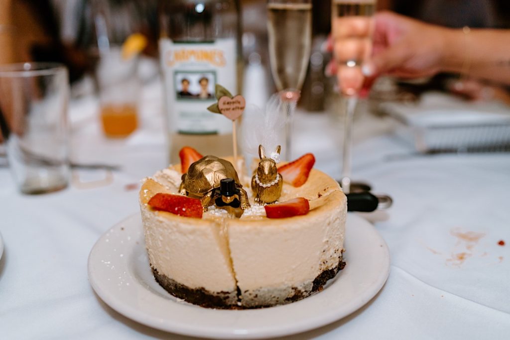 A tortoise and hair wedding cake toppers on a cheese cake.