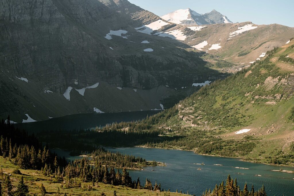 Mountains in the distance with snow caps in Glacier National Park