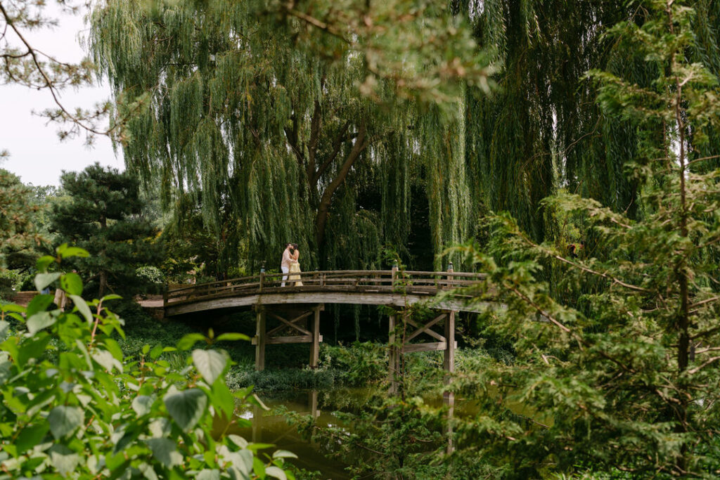 Romantic portraits after proposal in Glencoe Chicago Botanic Garden