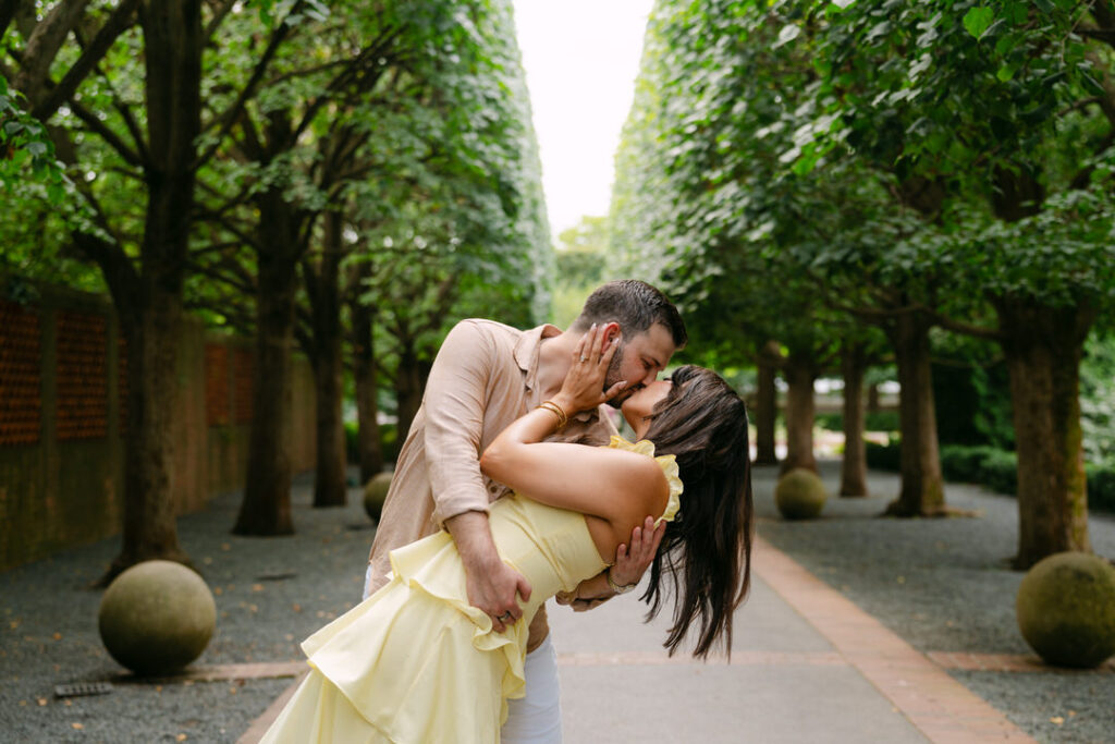 Romantic portraits after proposal in Glencoe Chicago Botanic Garden