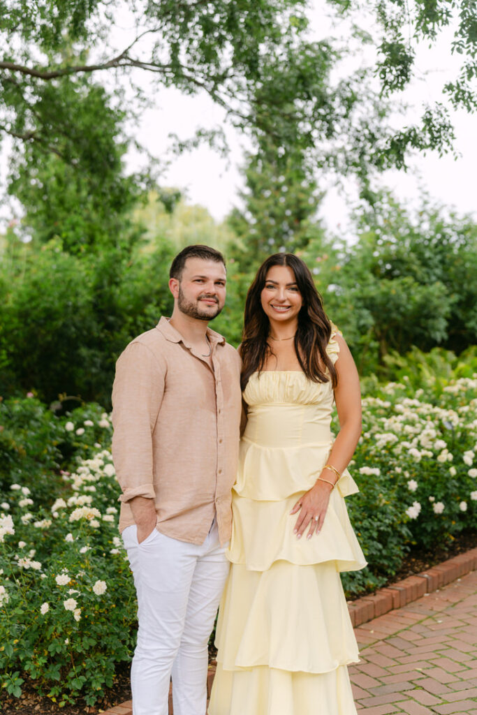 Romantic portraits after proposal in Glencoe Chicago Botanic Garden