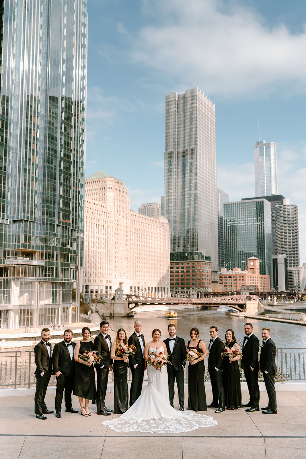 Chicago wedding party photos by the Riverwalk