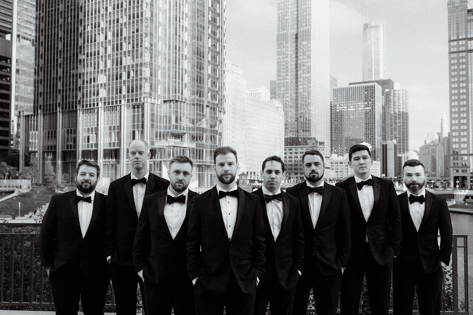Chicago wedding party photos by the Riverwalk