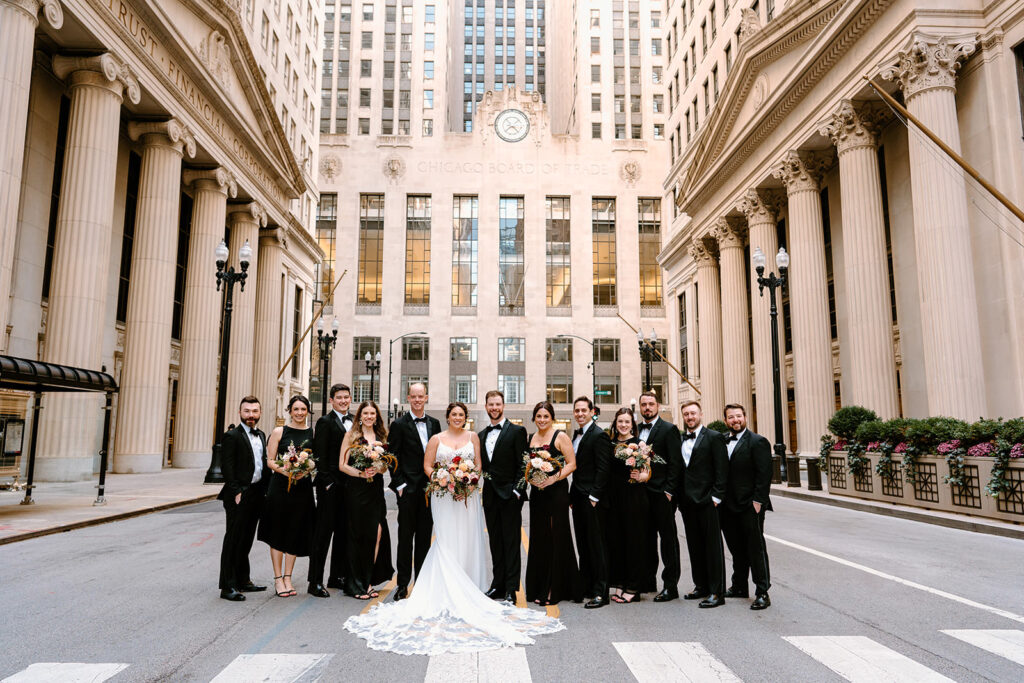 Chicago wedding party photos by the Chicago Board of Trade